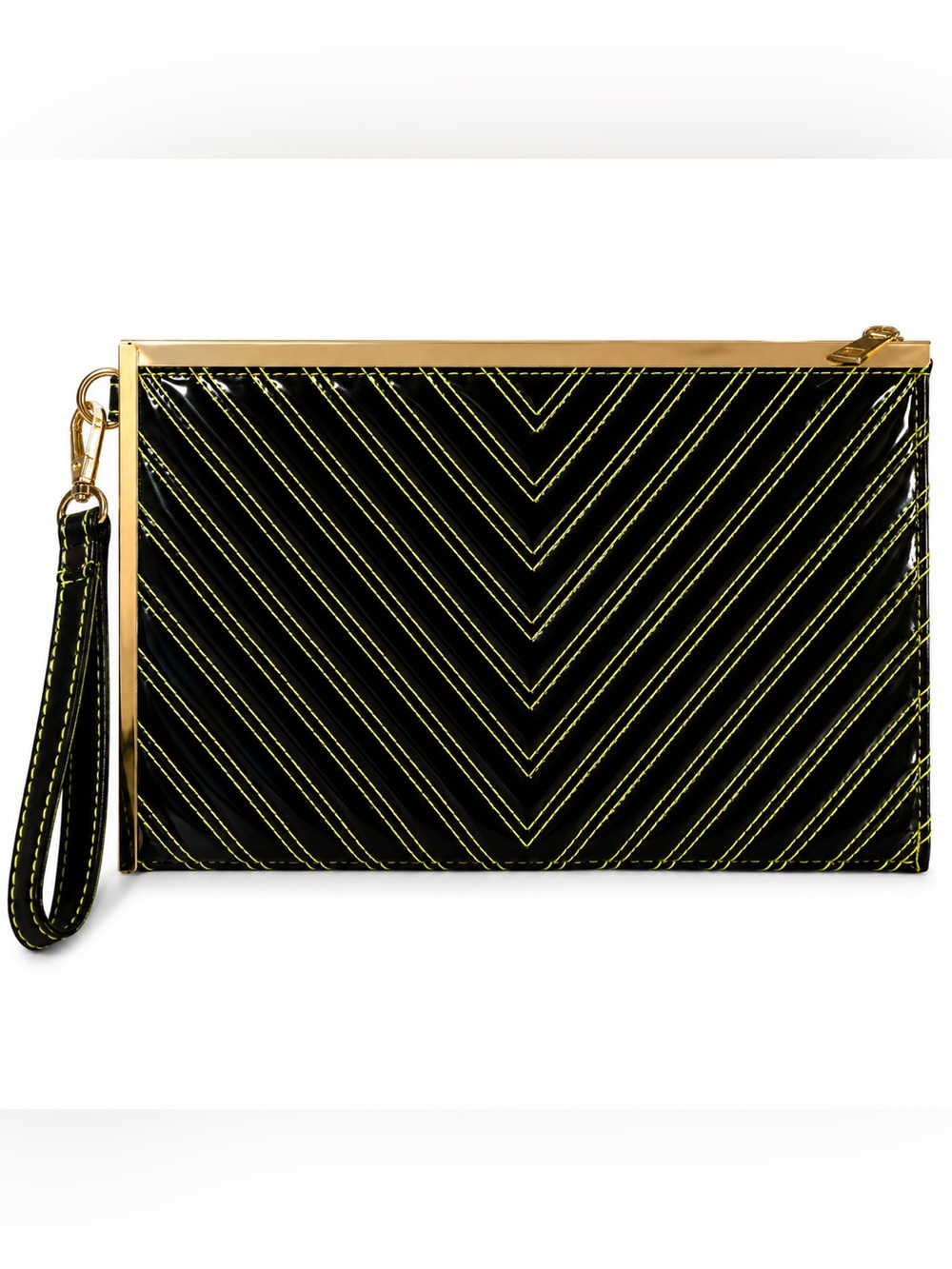 Black Patent Faux Leather Wristlet Clutch Neon Chevron Stitching Gold Hardware - Picture 2 of 8